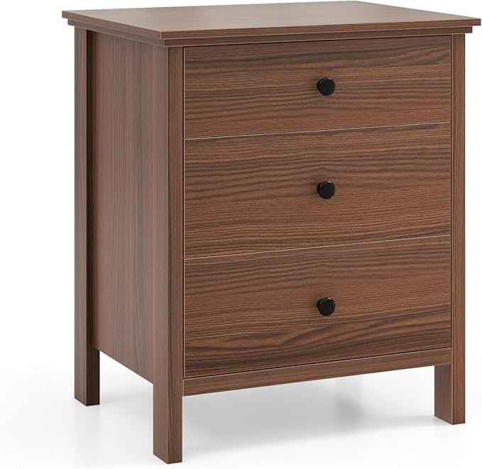 Giantex Nightstand with 3 Drawers, Wooden Side End Table with Solid Wood Legs, Retro 3-Drawer Bedside Table Night Stand for Bedroom Home Office Small Space, Easy Assembly, Brown