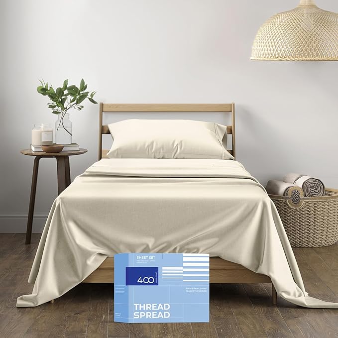 Thread Spread 100% Cotton Bed Sheets Twin XL Set - 400 Thread Count Cotton Twin XL Sheet Only, 3 PC Set (Ivory), Ultra Soft, Breathable, Cooling, Sateen Weave 16" Deep Pocket Bedsheet for Hot Sleepers