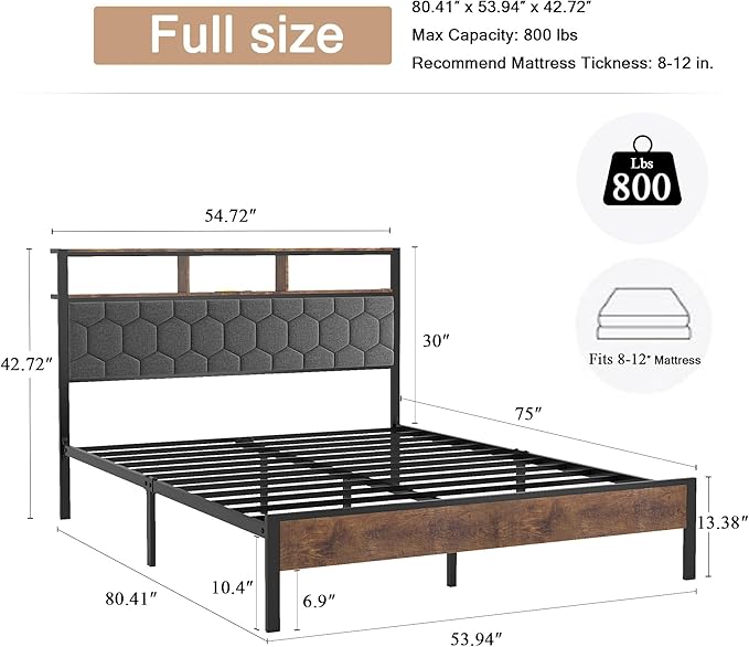 Full Size Bed Frame with Storage Headboard & Charging Station, Platform Bedframe with LED Lights, Upholstered Headboard, Metal Slat Support, No Box Spring Needed