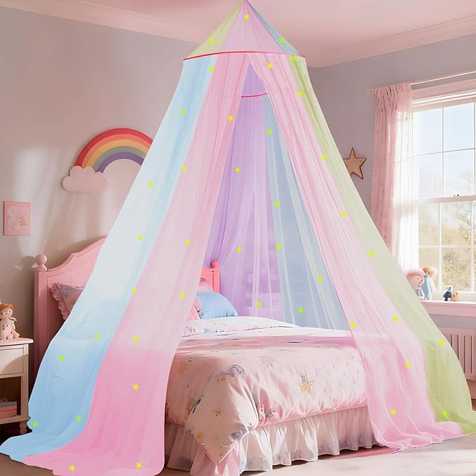 Rainbow Bed Canopy for Girls with Glowing Stars, Colorful Princess Canopy Bed Curtains for Twin, Full, and Queen Sizes,Mosquito Netting for Baby Crib,Ceiling Tent for Kids Bedroom Decor
