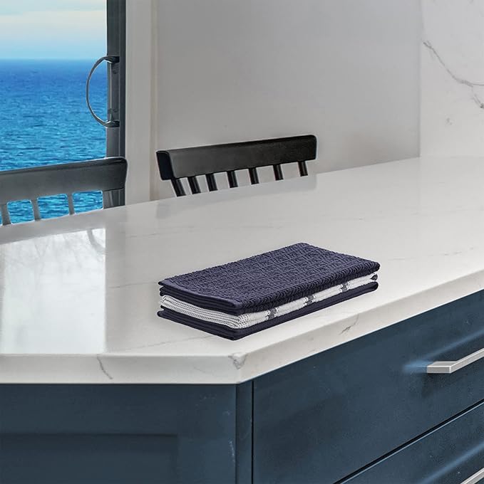 Nautica 100% Cotton Kitchen Towels Set of 3 | 18" X 28" Super Absorbent Reusable Cleaning Cloths, Tea Towels, Hand Towels for Drying Dishes | Navy/White Stripe Dish Towels for Kitchen