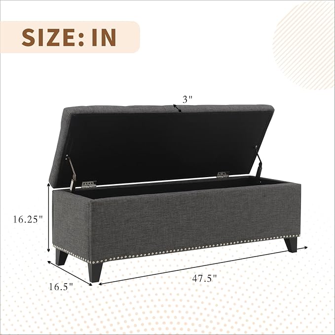 47.5” Storage Ottoman Bench, Upholstered Button-Tufted End of Bed Bench with Soft-Close Hinge & Solid Wood Legs, Foot Rest for Living Room, Bedroom, Hallway (Linen, Dark Grey)