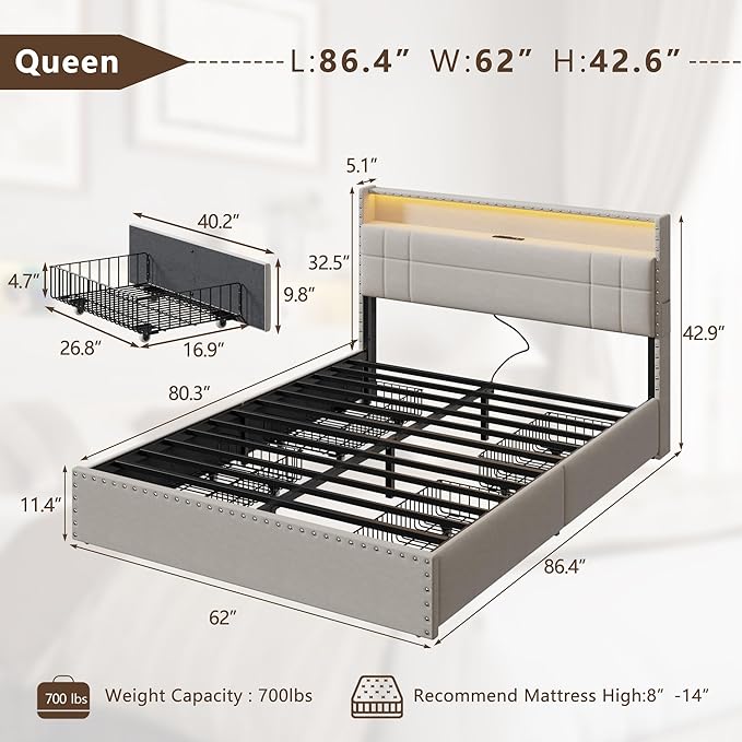 Forestell Queen Bed Frame with Headboard, Upholstered Platform Bed with 4 Storage Drawers, Built-in LED Lights & Charging Station, Metal Slats Support, No Box Spring Needed, Beige, Cama Queen Size