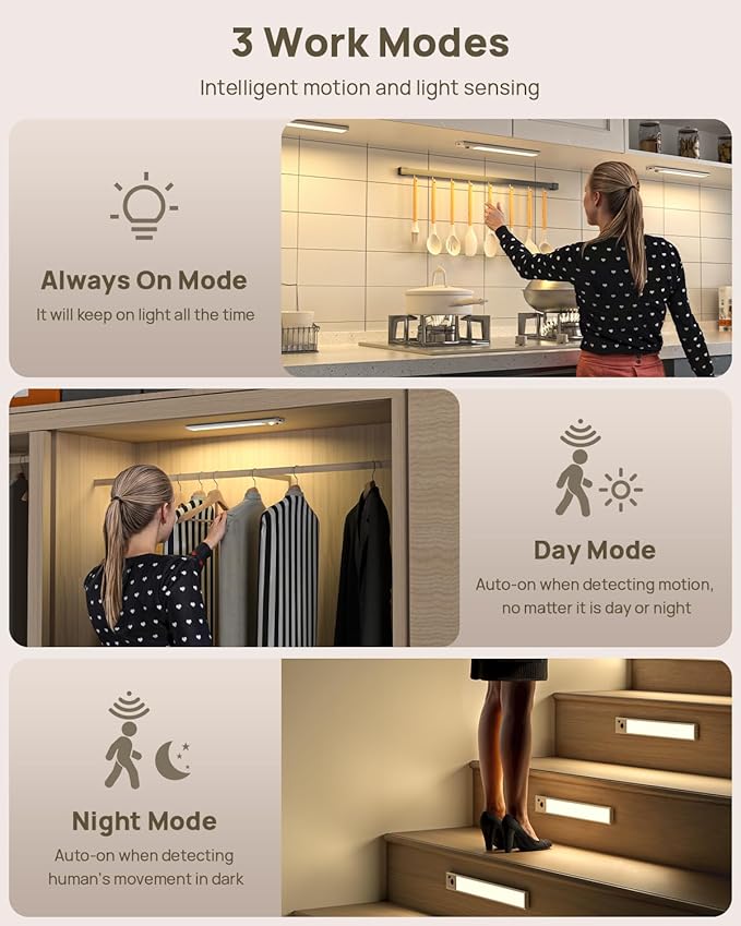 Under Cabinet Lighting with Remote Control,2500mAh USB Rechargeable Motion Sensor Light Indoor,350 Lumen LED Closet Light,3 Color Temps Wireless Under Counter Lights for Bedroom,Wardrobe,Stairs,6 Pack