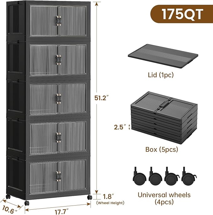 SAILUN 44Gal/175Qt Stackable Storage Bins Folding Collapsible Storage Bins with Lid, Closet Organizers and Storage Box with Door Black 18" W x 11" D x 51" H
