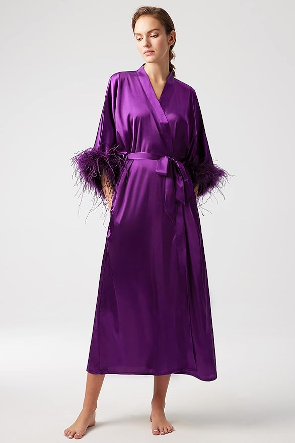 PRODESIGN Satin Kimono Robe Long Silky Bathrobe with Ostrich Feather Trim Sleepwear Wedding Bridesmaid Dressing Gown