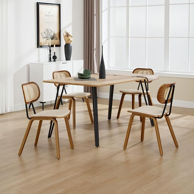HEAH-YO Modern Dining Chairs Set of 4, Upholstered Faux Leather Dining Room Chairs with Rattan Backrest and Wood Legs, Armless Wood Kitchen Chairs for Dining Room, Beige