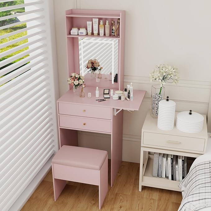 ARTETHYS Small Vanity Desk Set with 3 Adjustable Lighted Mirrors and Lights, Pink Makeup Vanities Set for Compact Space with Storage Stool White Dressing Table with Fold-up Panel for Bedroom