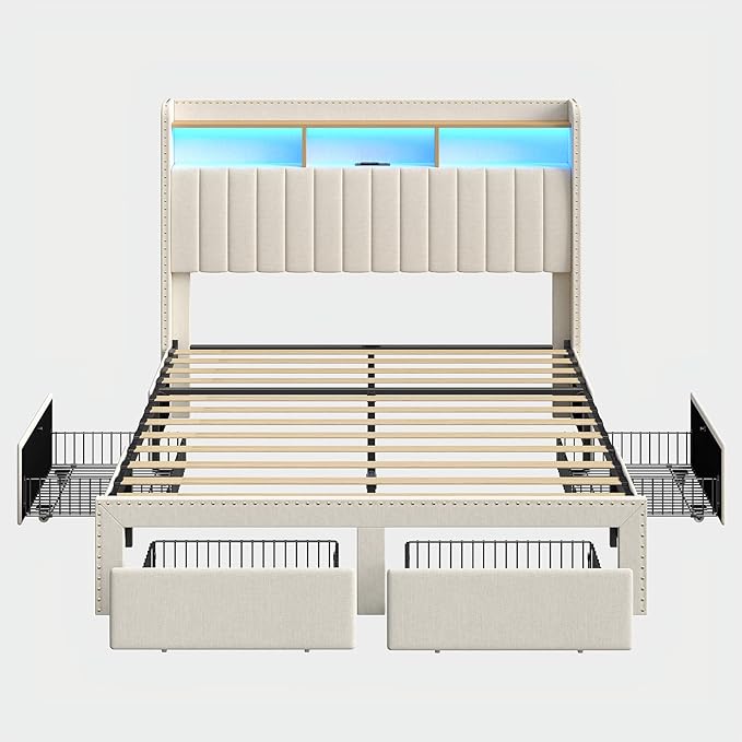 Queen Size Bed Frame with LED Light and Charging Station, Upholstered Bed Frame with 4 Drawers and 2-Tier Storage Headboard, Noise Free, Easy Assembly, Wooden Slats Support, No Box Spring Needed,White