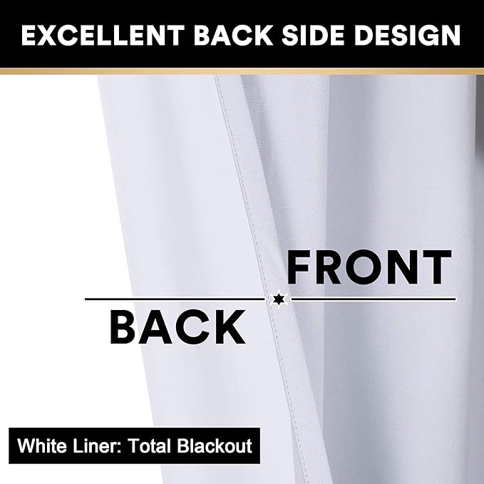 PrinceDeco Linen Texture Curtains for Bedroom Solid 100% Blackout Thermal Insulated with White Liner Room Darkening Curtains/Draperies for Living Room Nursery, Pearl White, 2 Pieces, W52 x L84