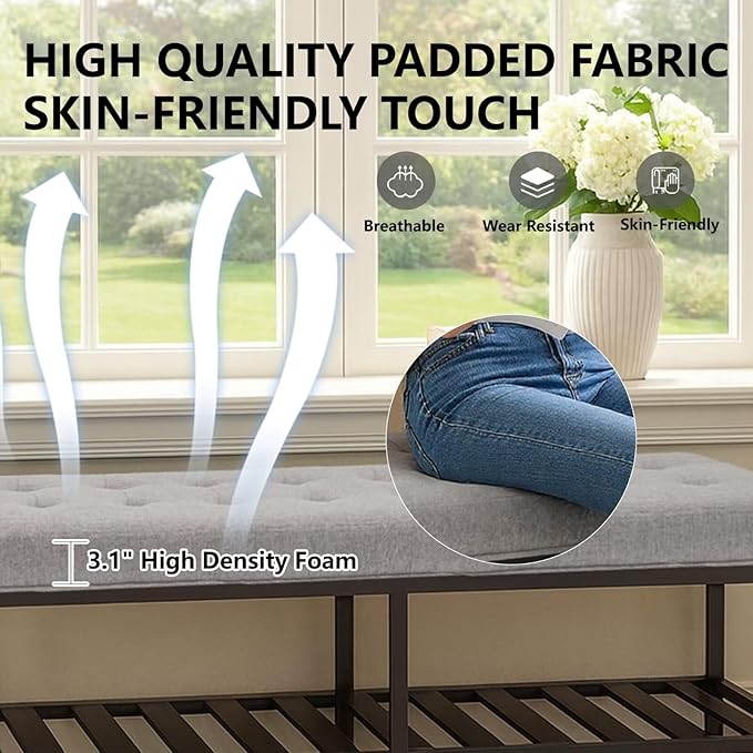 Storage Ottoman Bench with Upholstered Tufted Linen Fabric, Large End of Bed Bench with Iron Frame Rectangular Foot Stool for Living Room, Bedroom, Entryway Gray