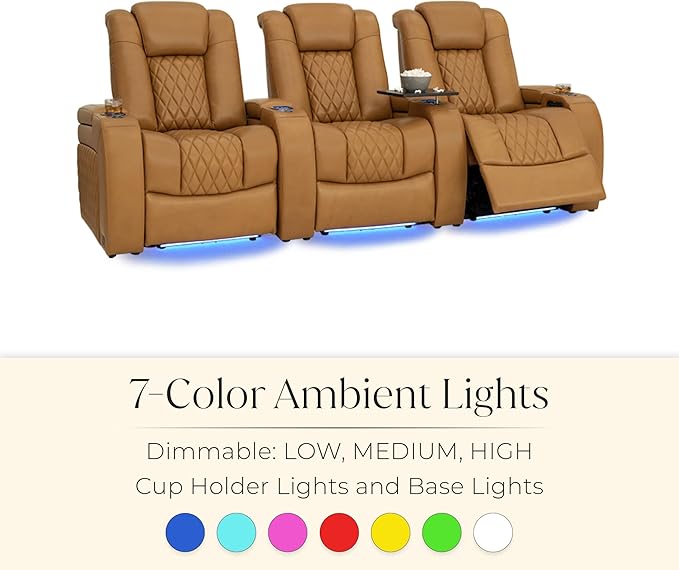 Seatcraft Diamante Zero-Gravity CoolZero Italian Leather Home Theater Seating, Power Headrest, Power Recline, Row of 3, Tan Oak