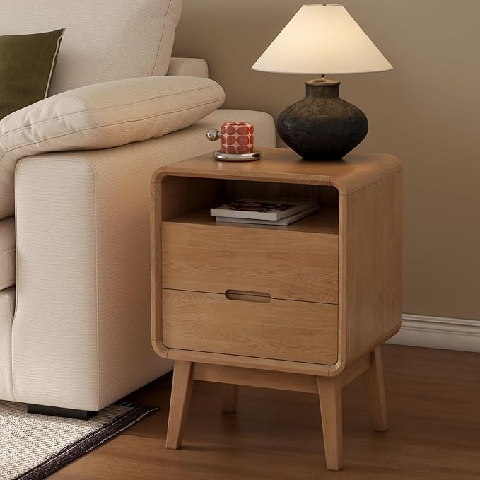 100% Solid Oak Wood Nightstand with 2 Drawers, Mid Century Modern Night Stand with Open Shelf, Wooden Nightstand, Small Night Stand for Small Spaces, Oak Bedside Table for Bedroom(23.23" H)