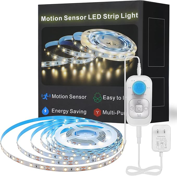 Motion Sensor LED Strip Light - Cabinet Strip Lights with 24W Plug, Dimmer, and Timing, 16.4ft for Under Cabinet, Kitchen, 3000K WarmWhite