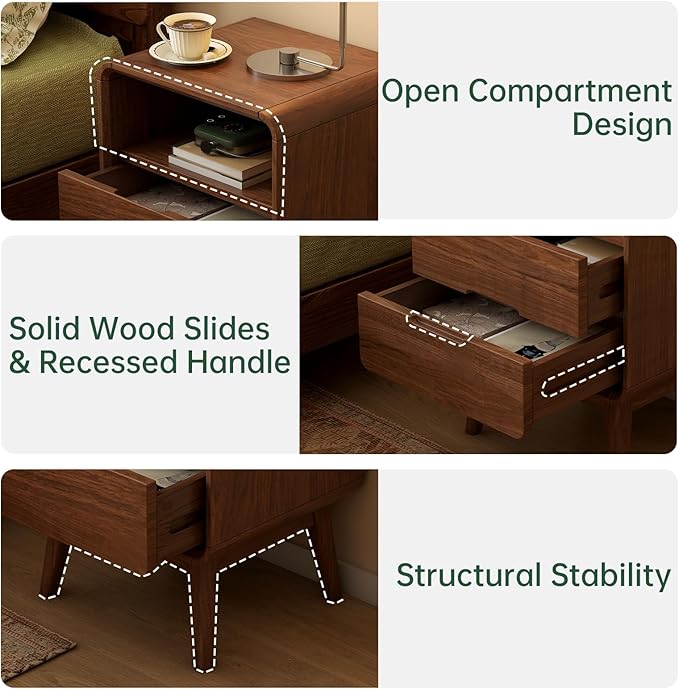 Walnut Nightstand Solid Wood Night Stand, Dark Wood Nightstands with 2 Drawers & Open Shelf, Mid Century Modern Nightstand, Wooden Bedside Table for Bedroom(Dark Black Walnut,23.23" H)