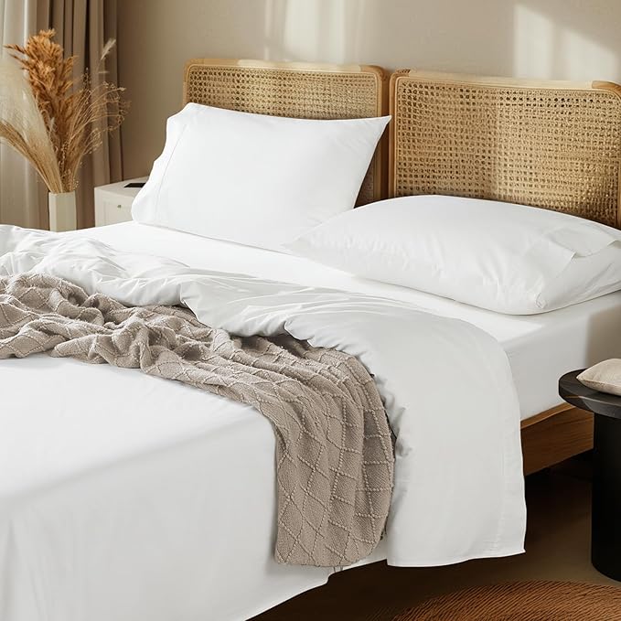 LBRO2M 100% Cotton Sheets Set Deep Pocket 24", 1000 Thread Count Full Size 4 Piece Bed Sheet Sets Soft Comfortable Bedding All Season (Full, White)