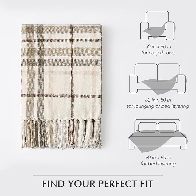 EVERGRACE Plaid Chenille Bed Blanket Queen Size for Bed, Super Soft Cozy Decorative Farmhouse Plaid Throw with Tassels, Lightweight Chenille Knit Throw for Couch Sofa Gift Home Decor, Beige 90"x90"