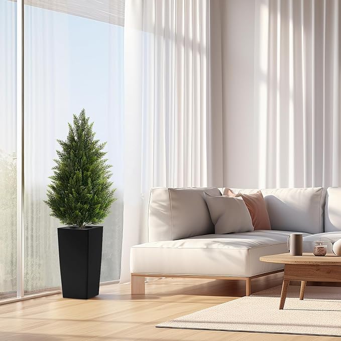 4FT Tall 2 Set Artificial Topiary Cedar Tree, Indoor Realistic Faux Cypress Plants with Square Flowerpot, Outdoor Evergreen Fake Shrubs for Home Living Room Front Porch Decor