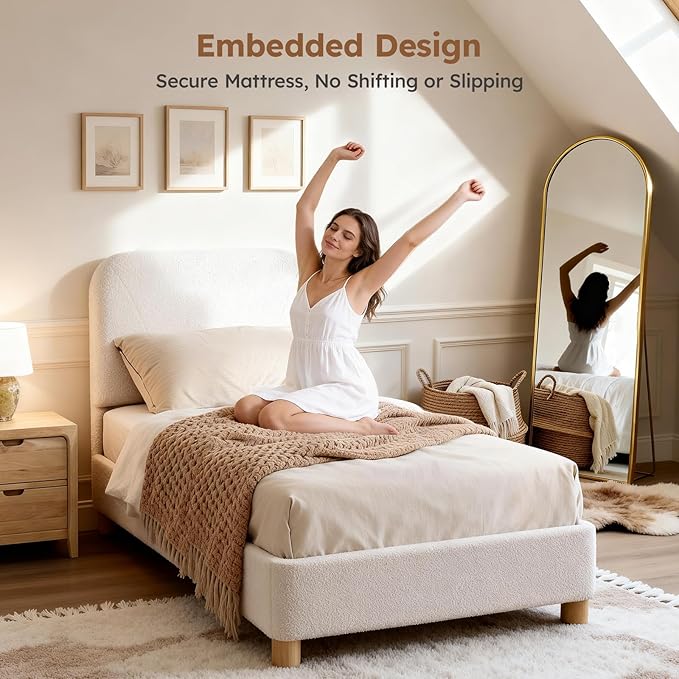 Cloud Bed Frame, Soft Boucle Bed Frame with Adjustable Headboard, Solid Wood Legs, Rounded Corners Design & Easy Assembly – Modern Platform Bed, Twin Cream