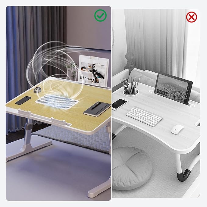 Laptop Lap Desk Include Cooling Fan,Adjustable Lap Desk with Light Fan,Folding Laptop Desk for Bed with USB,Bed Desk with Storage Drawer 56x32cm,White Oak