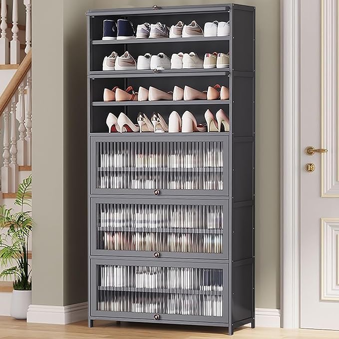 Bamboo Shoe Cabinet with Acrylic Door,10-Tier Shoe Storage Rack, 40-45 Pairs Freestanding Shoe Rack, Entrance Shoe Cabinet for Hallway Living Room