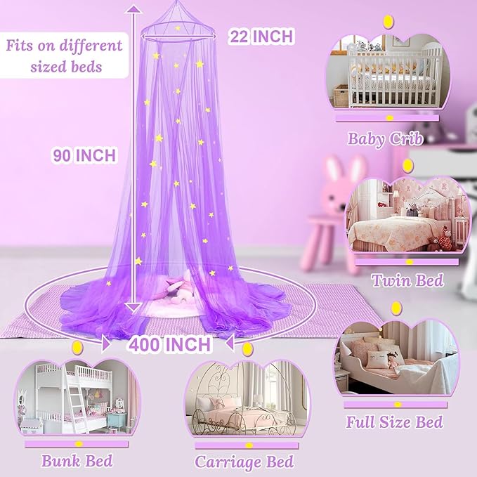 South to East Princess Bed Canopy for Girls with Glowing Stars, Purple Canopy for Girls Room, Bed Canopy Curtains from Ceiling for Twin Beds, Full Size Beds, Ideal Gift for Kids