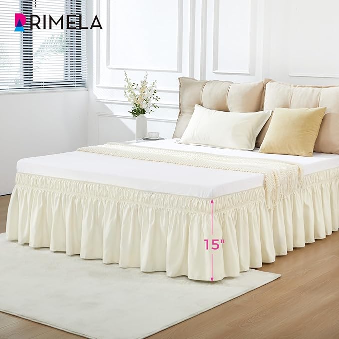 RIMELA Off White Bed Skirt Queen Size 15 Inch Drop, Elastic Bed Skirting for Bed Base and Frame, Bedding Dust Ruffle Easy to Install, Lightweight Wrap Around Adjustable Bedskirt