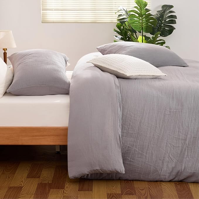 Gray Duvet Cover Queen Size, 100% Sandwashed Cotton Soft Queen Duvet Cover Set 3 Pieces with Zipper Clousre & Corner Buttons (Gray, Queen 90 x 90)