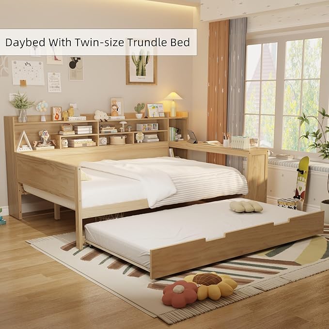 Merax Full Size Corner Bed Frames with Desk and Trundle & Storage Shelves Headboard, Pinewood U-Shaped Captain Daybed for Small Room, Bedroom, Guest Room, Kids' Room, Natural