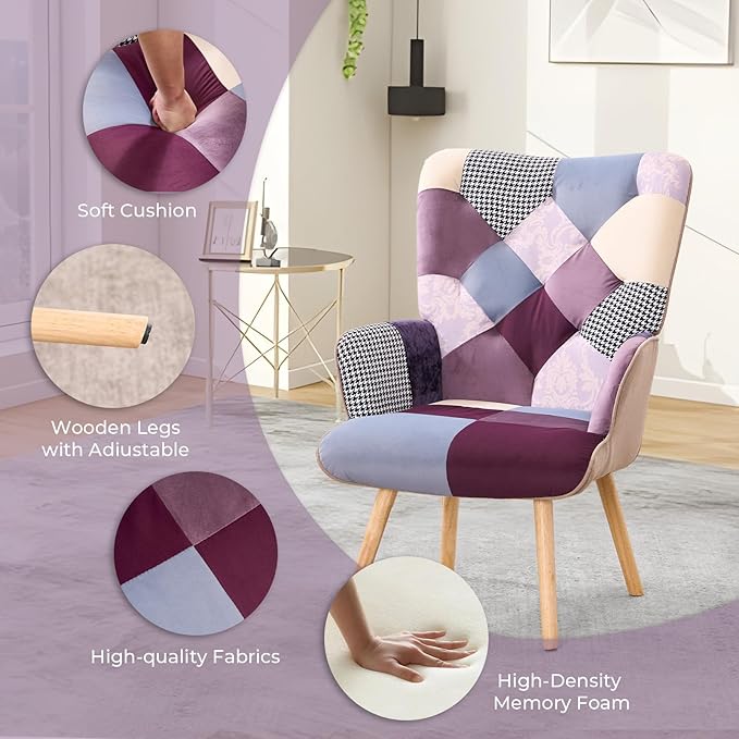 Joysoul Living Room Accent Chair Modern High Back Arm Chair, Houndstooth Pattern Bohemian Style Chairs for Bedroom Waiting Room (Purple Plaid)