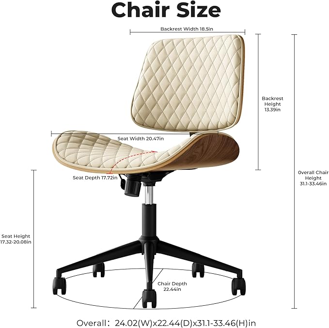 Home Office Desk Chair with Wheels, Armless Adjustable Height PU Leather Office Chair, Mid Back Ergonomic Computer Chair, Walnut Curved Seat Design No-Arm Chair (All-White)