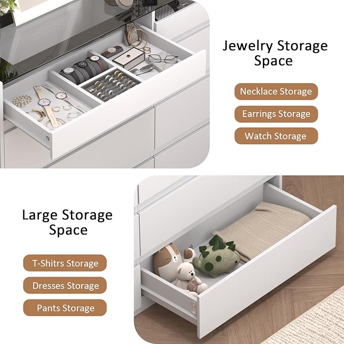 White 8 Drawer Dresser for Bedroom, Modern Chest of Drawers, Jewelry Dresser Display with Glass Top and LED Light, Dressers Organizer for Bedroom, Closet, Living Room