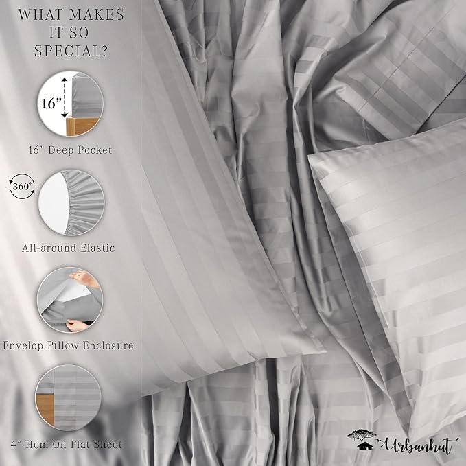 URBANHUT 800 Thread Count 100% Cotton Damask Full Size Sheets, 4 Piece Striped Full Size Bedsheets, Luxury Hotel Sheets Sateen Weave - Better Than Egyptian, 16" Elasticized Deep Pocket- Silver Grey