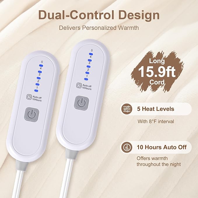 Electric Blanket Queen Size Dual Control - Washable Heated Blanket Queen with 5 Heat Settings, 10 Hrs Auto Off, ETL Certified, Flannel Sherpa Heating Blankets 84" x 90" White