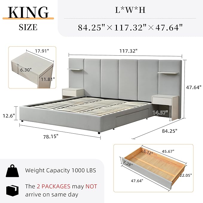 King Bed Frame with Storage & Built-in Nightstands, Velvet Upholstered Platform Bed Frame with Drawers & 2 Floating Storage Shelves, Noise-Free, No Box Spring Needed, Easy Assembly, Gray