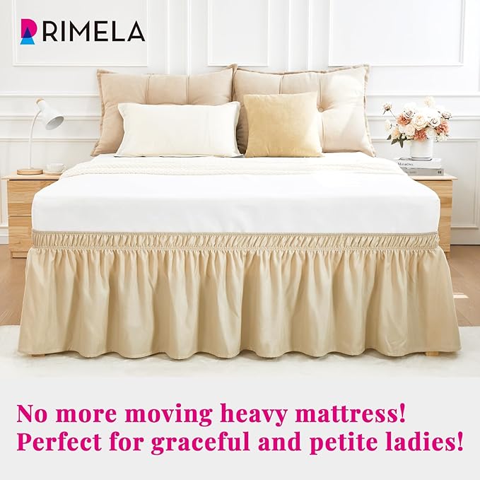 RIMELA Oatmeal Bed Skirt Queen Size 18 Inch Drop, Elastic Bed Skirting for Bed Base and Frame, Bedding Dust Ruffle Easy to Install, Lightweight Wrap Around Adjustable Bedskirt
