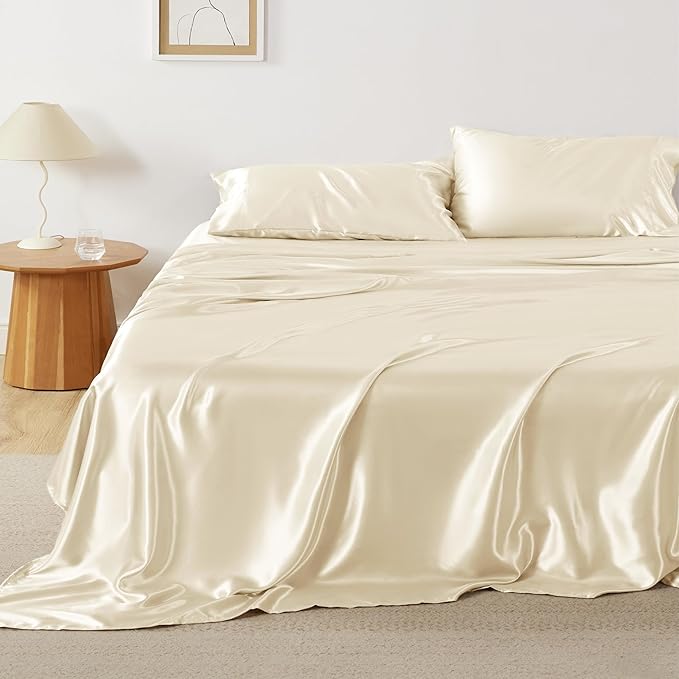 Bedsure Satin Sheets King Size - 4 Piece Silky Bedsheets with 15 Inches Deep Pocket Fitted Bedsheet,1 Flat Sheet, 2 Satin Pillowcases, Good for Hair & Skin (King, Cream)