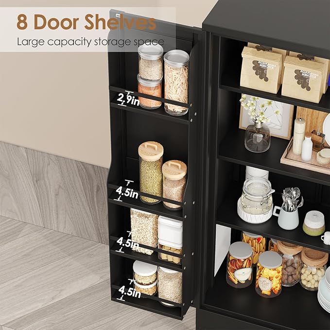47" Kitchen Pantry Cabinet, Metal Storage Cabinet with 3 Adjustable Layer Shelves, 8 Door Shelves, Buffet Sideboard for Living Room, Kitchen, Black