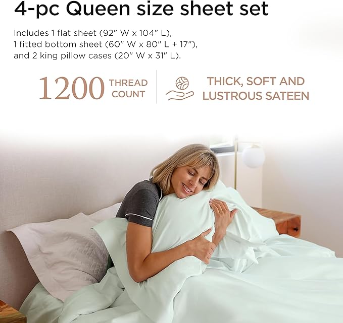 Threadmill Supima Cotton Queen Sheet Set, 1200 Thread Count Queen Sheets for Queen Mattresses, 4 Piece American Luxury Bed Sheets, Sateen Hotel Quality Sheets with Elasticized Deep Pocket, Seaglass