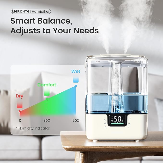 Smart Humidifiers for Bedroom Large Room Home, 6L Cool Mist Top Fill Humidifier with Essential Oil Diffuser, Smart App & Voice Control, for Nursery & Plants, Ivory, 1 Pack + 7 Color NightLight