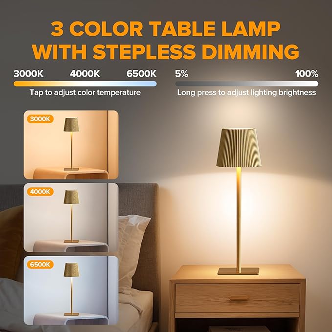 LUTEC 4 Pack Cordless Table Lamp,6000mAh Rechargeable Battery Operated Desk Lamp,Two Adjustable Heights,Waterproof, Touch Control & 3 Color Stepless Dimming for Restaurant/Bedroom/Bars/Outdoor (Gold)