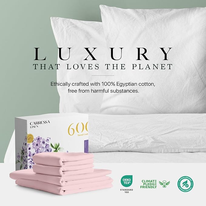 Carressa Linen 100% Egyptian Cotton Full Size Sheets - 600 Thread Count Full Size Egyptian Cotton Sheets (4 PC, Soft Blush), Soft, Cooling, 16" Deep Pocket Sateen Weave Luxury Hotel Bed Sheet Set