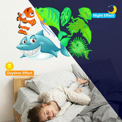 Glow in The Dark Ocean Fish Stickers, 36 PCS Glowing Luminous Sea Life Animals Wall Decals Under The Sea Ceiling Stickers for Kids Boys Girls Bedroom Nursery Playroom Party Room Decor