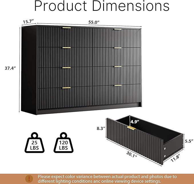 Dresser for Bedroom, 8 Drawer Double Dresser, Modern Chest of Drawers for Bedroom, Living Room, Entryway and Closet, 55" L x 15.7" D x 37.4" H, Black