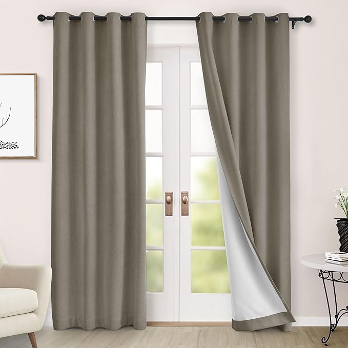 Macochico 100% Blackout Curtains Thermal Insulated Noise Reducing Chenille Curtains for Hotel Auditorium Bedroom Living Room Grommet Light Taupe Curtains with Tieback Classic 52" Wx84 L 1 Panel