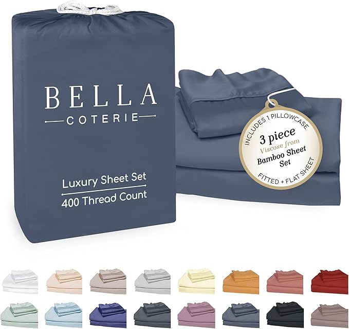 Bella Coterie Luxury Bamboo Viscose Twin XL Size Sheet Set | 100% Organically Grown | Ultra Soft | Cooling for Hot Sleepers | 18" Deep Pocket [Slate Blue]