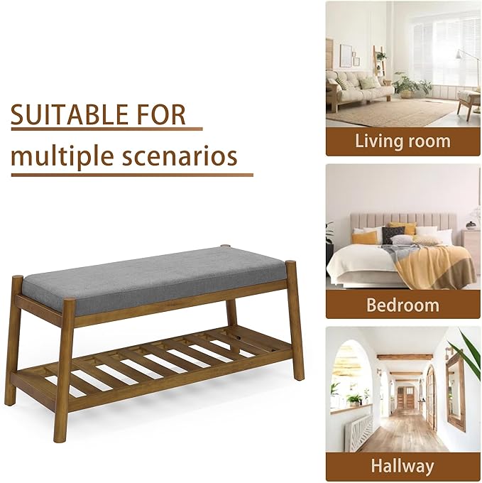 Upholstered Entryway Bench, Bedroom Bench for End of Bed, Dining Bench with Padded Seat for Kitchen, Living Room, Fabric Rubber Wood Indoor Bench (Grey)