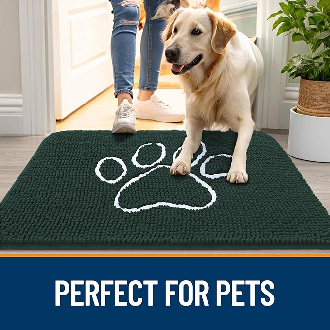 OLANLY Dog Door Mat for Muddy Paws 70x24, Paw Print Design, Absorbs Moisture and Dirt, Absorbent Non-Slip Washable Doormat, Quick Dry Chenille Mud Mat, Entry Indoor Entryway Carpet, Blackish Green