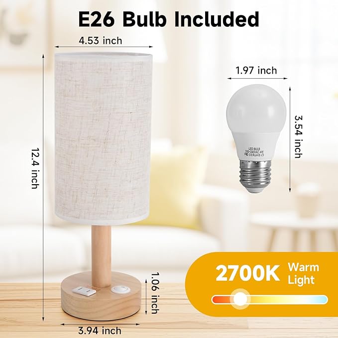 Small Bedside Table Lamp with AC Outlet,Natural Round Wood Base&Fabric Linen Shade,Cozy Night Table Light for Study Reading,Minimalist Boho Desk Lamp for Nightstand,Living Room,Nursery,Kitchen,Dorm