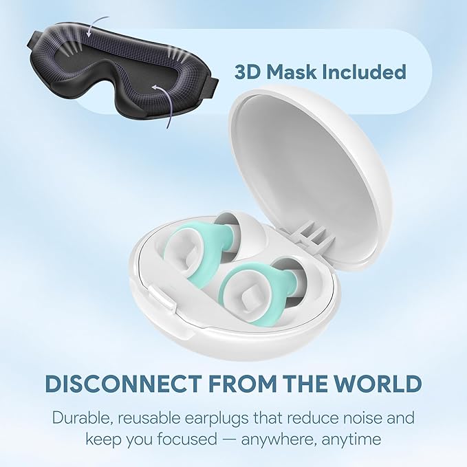 Silicone Ear Plugs for Sleeping – 27 dB Noise Reduction, Reusable Soft Earplugs for Side Sleepers + Bonus 3D Blackout Sleep Mask for Travel, Snoring & Migraine Relief